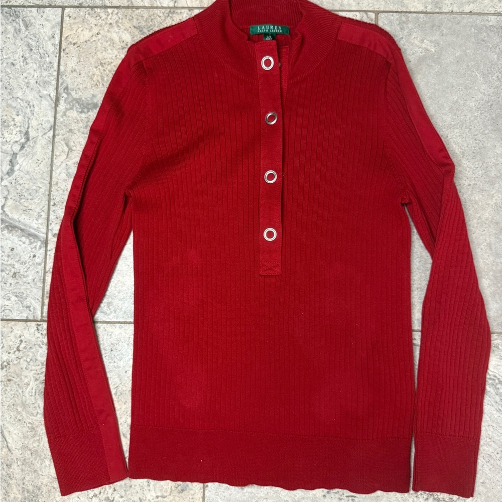 Ralph Lauren Red Ribbed Sweater Silver Snap Front Military Style Sleeve LARGE
